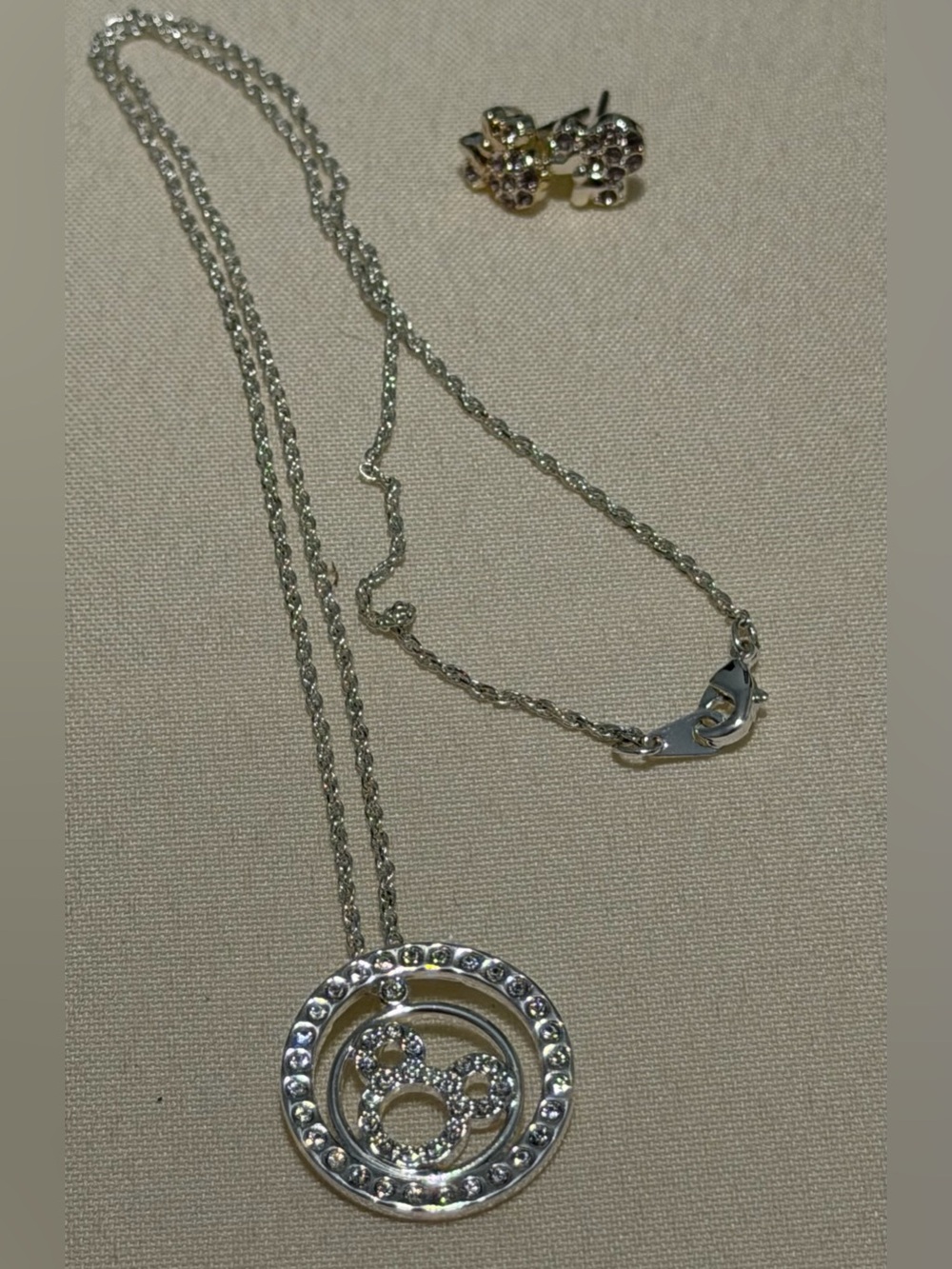 Disney necklace Mickey silhouette in rhinestone circle & matching stud earrings